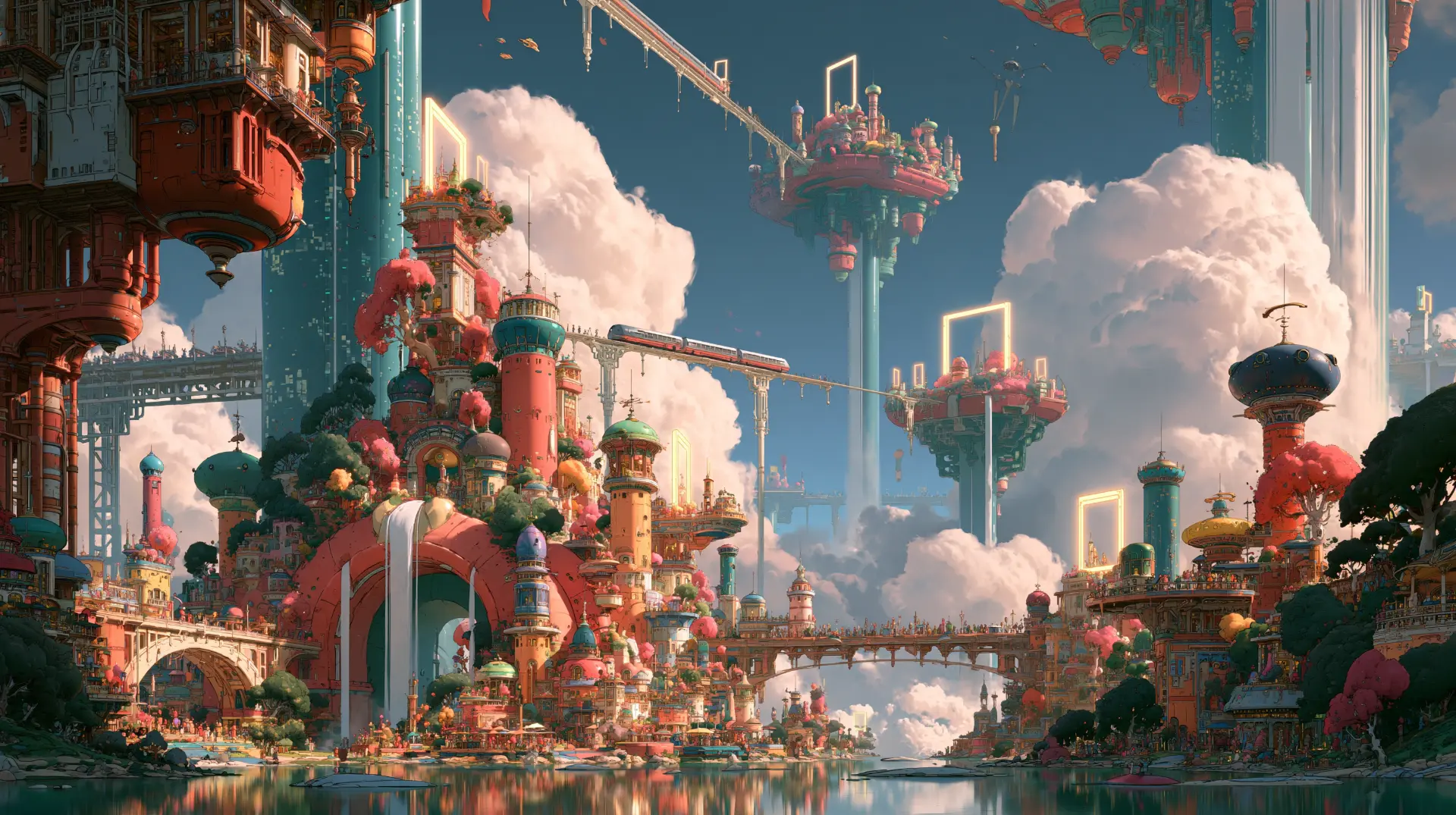 Colorful impossible city of the Reverie reflected in water
