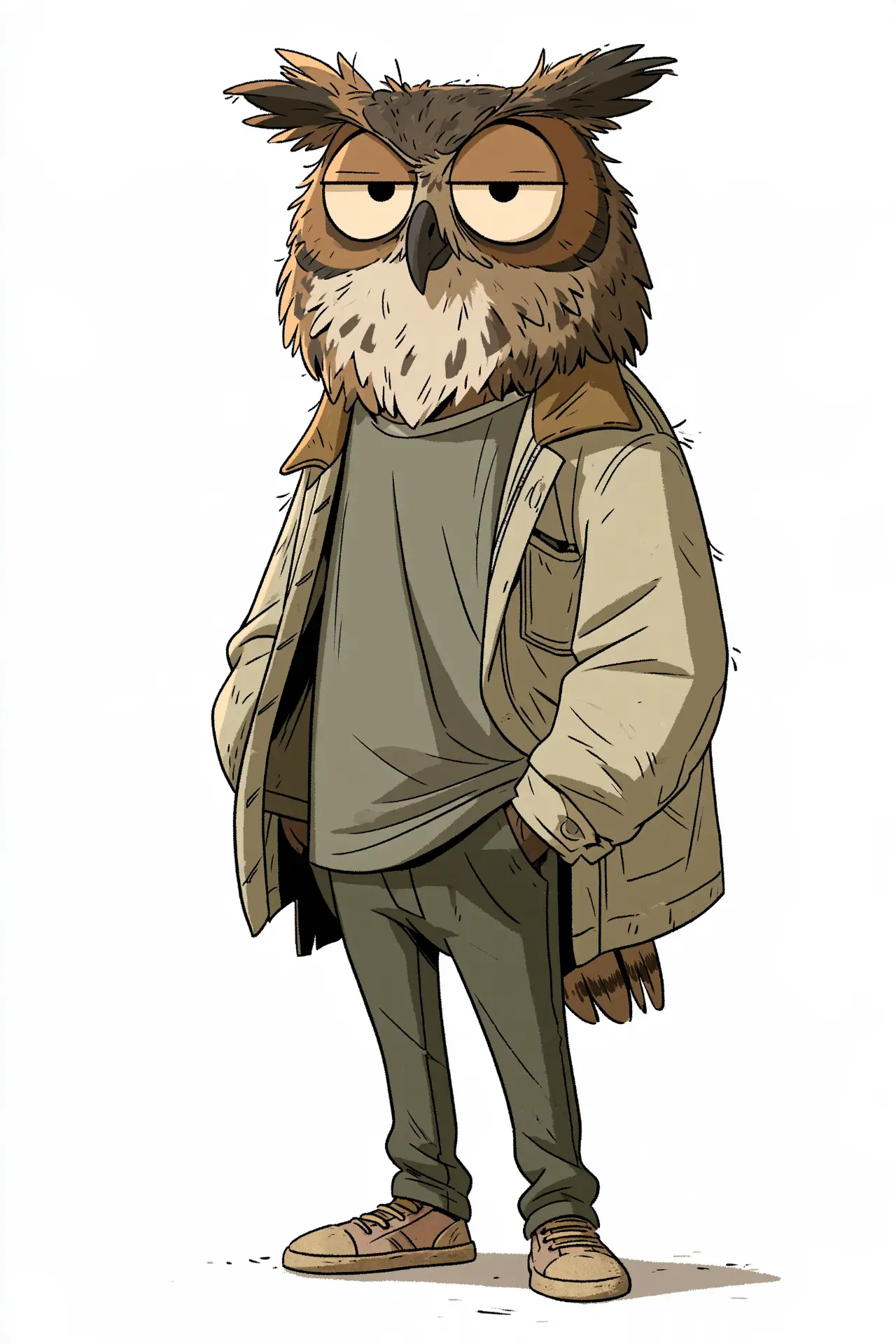 Concept illustration of Brewster Nightstrider, a tired great horned owl in a jacket