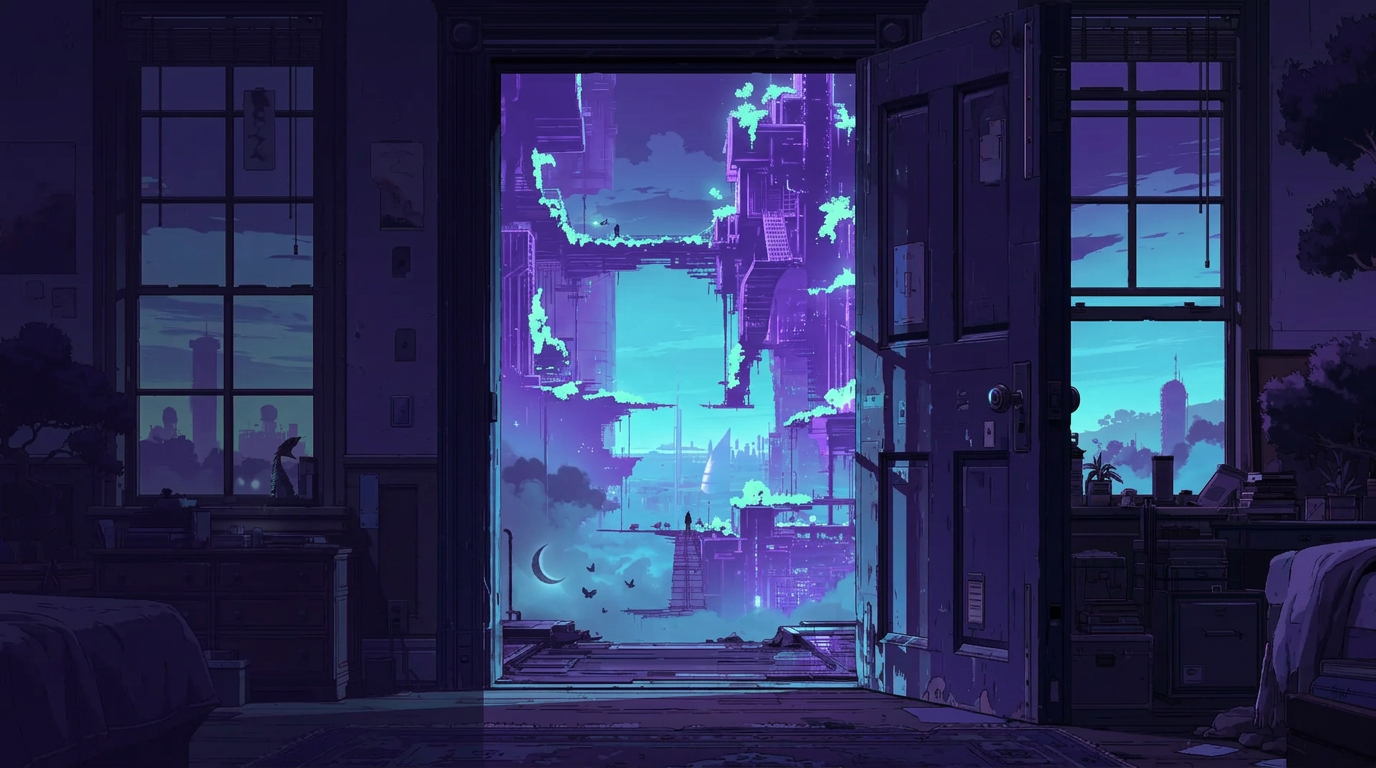 Bedroom doorway opening into a violet and cyan dream city